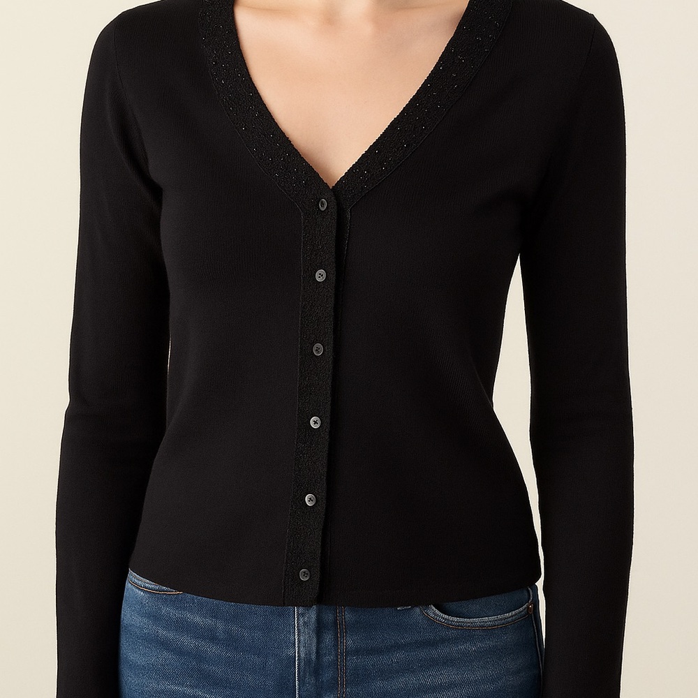 Max Studio Black Beaded V Neck Cardigan Button Front Small